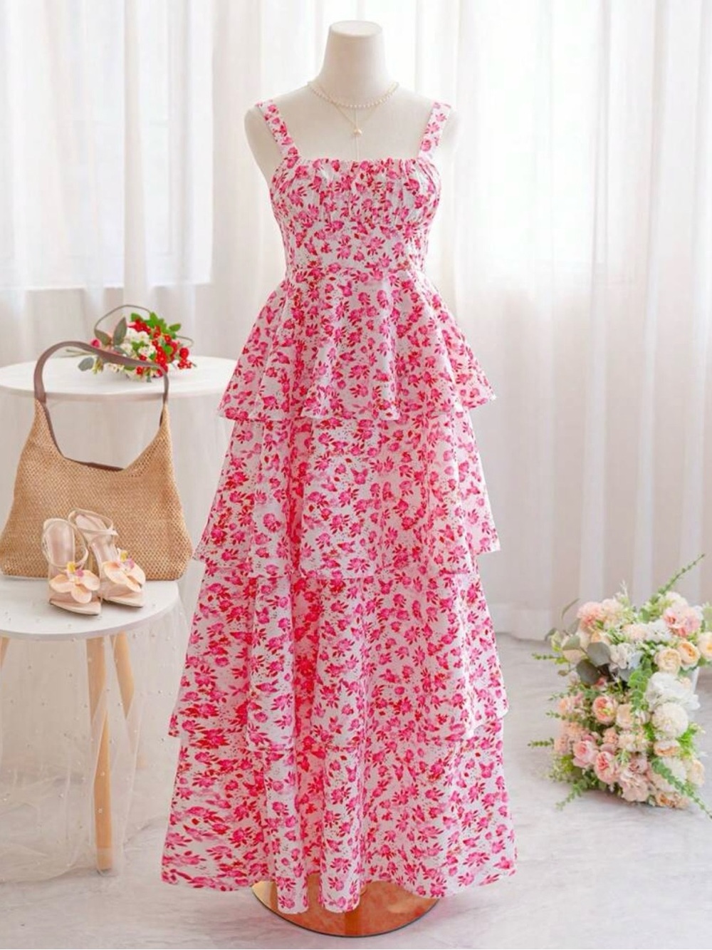 Floral Ruffle Tiered Pink Maxi Dress